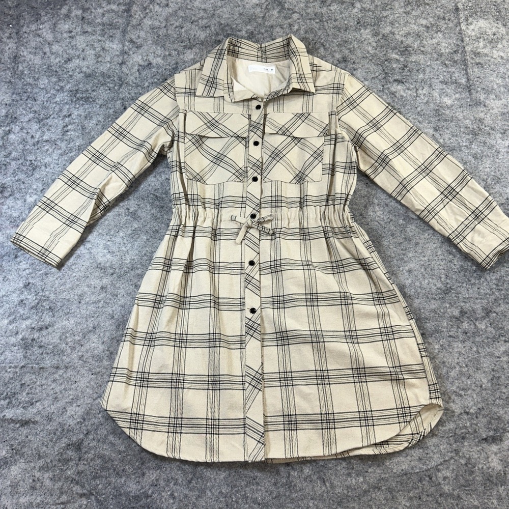 Zara Button Down Dress Girls 11/12 Tan & Black‎ Plaid Long Sleeve Tie Waist